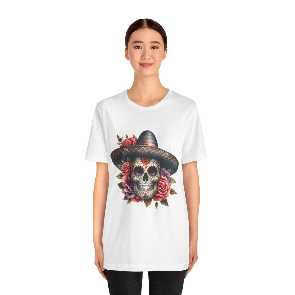 Colorful tee featuring a sugar skull in sombrero and roses for vibrant fiesta vibes