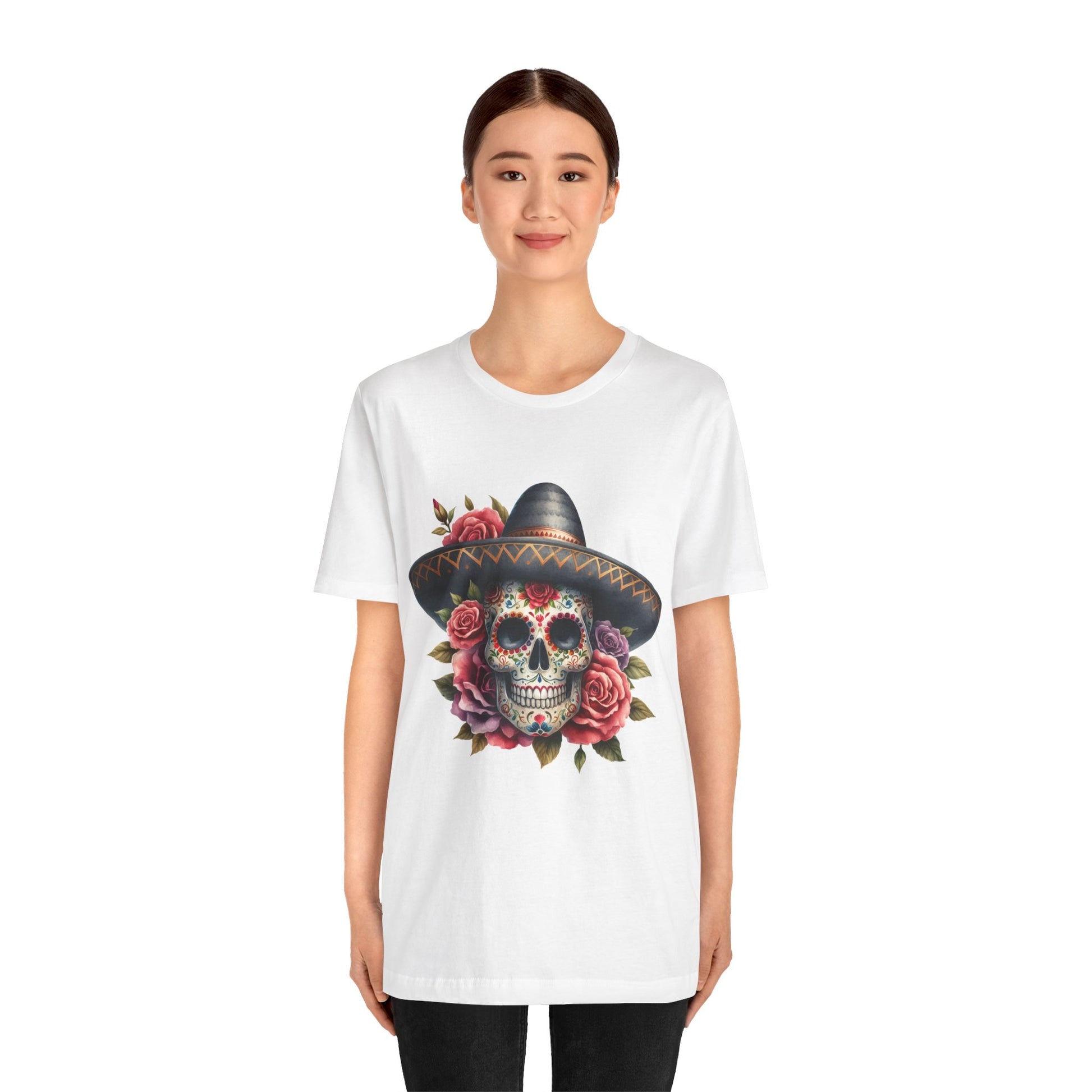 Colorful tee featuring a sugar skull in sombrero and roses for vibrant fiesta vibes