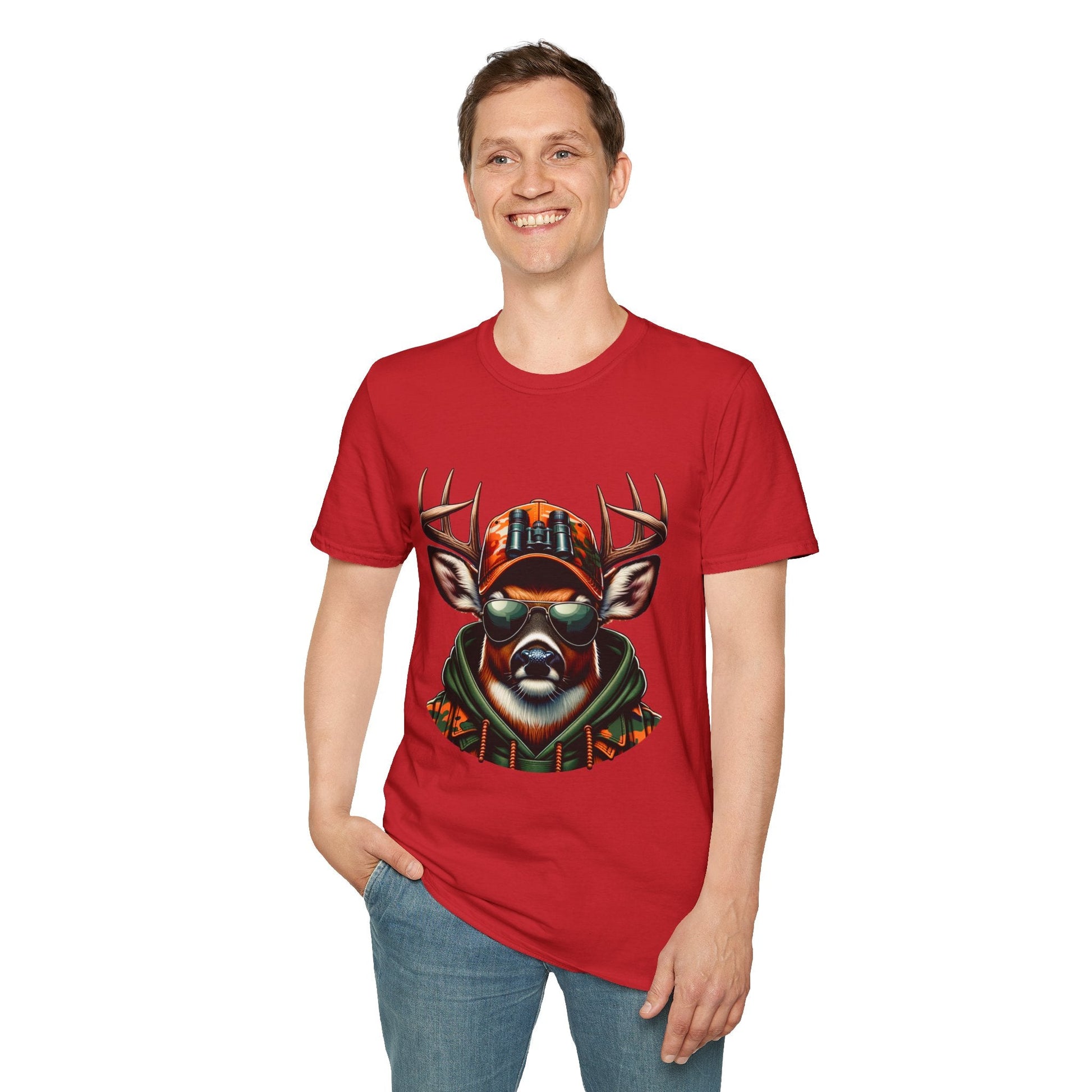 Man wearing a red Hunting Enthusiast T-Shirt with a cool deer graphic wearing sunglasses and a cap