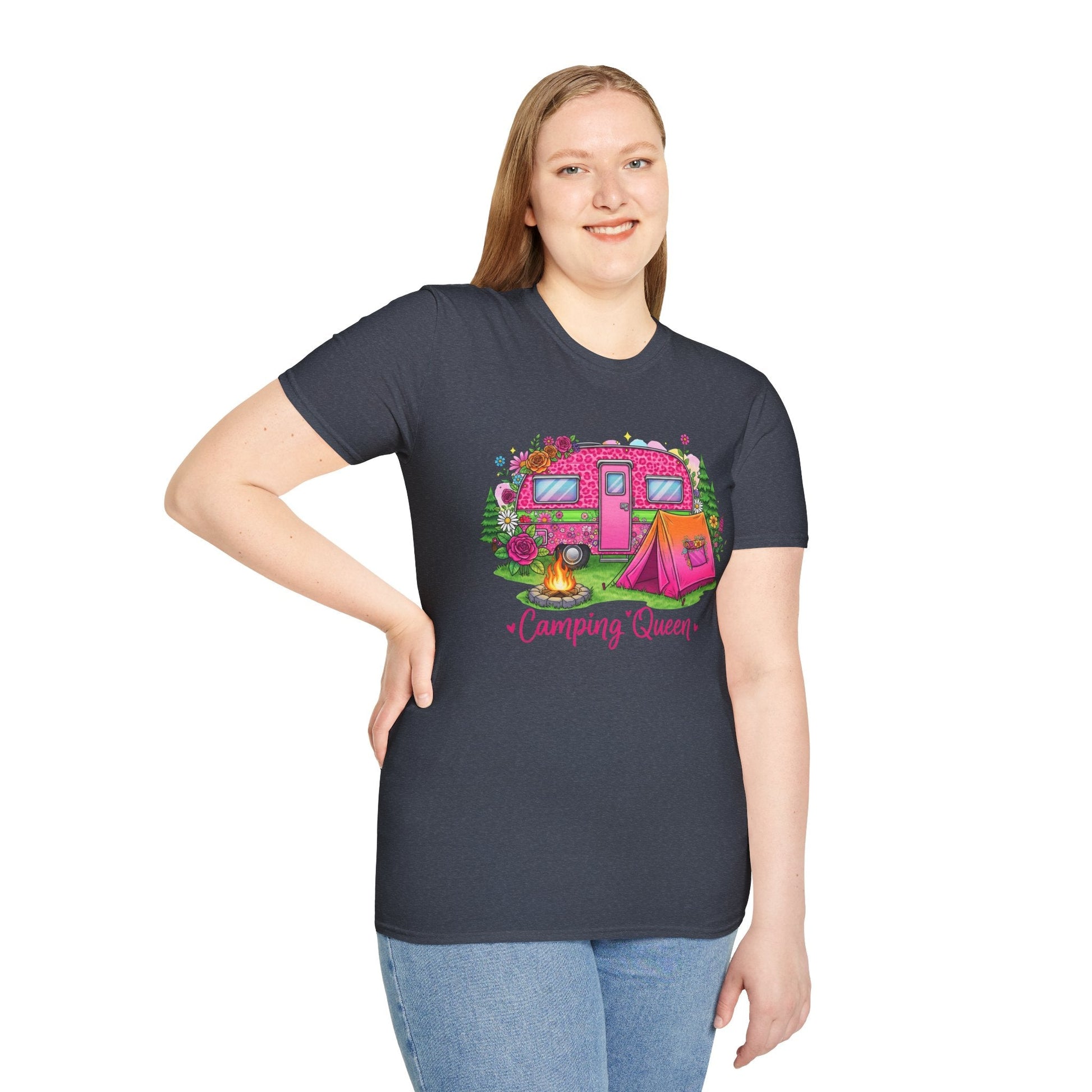 Woman wearing a navy Camping Queen T-Shirt with colorful camper, tent, and campfire graphic design.