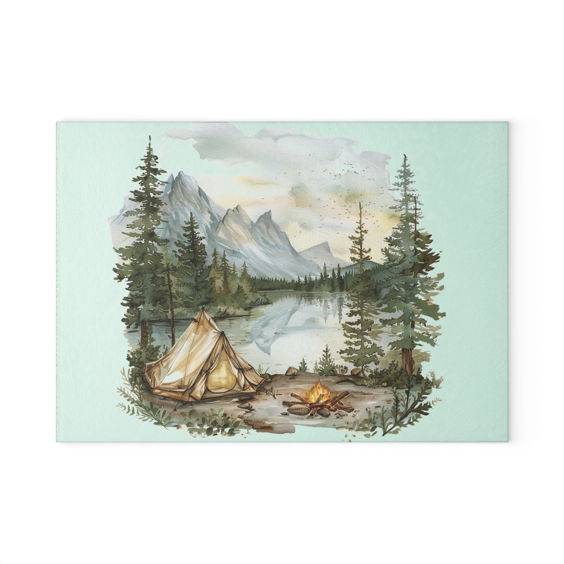 Mountain Lake Camp Scene Cutting Board – Rustic Wilderness Kitchen Decor
