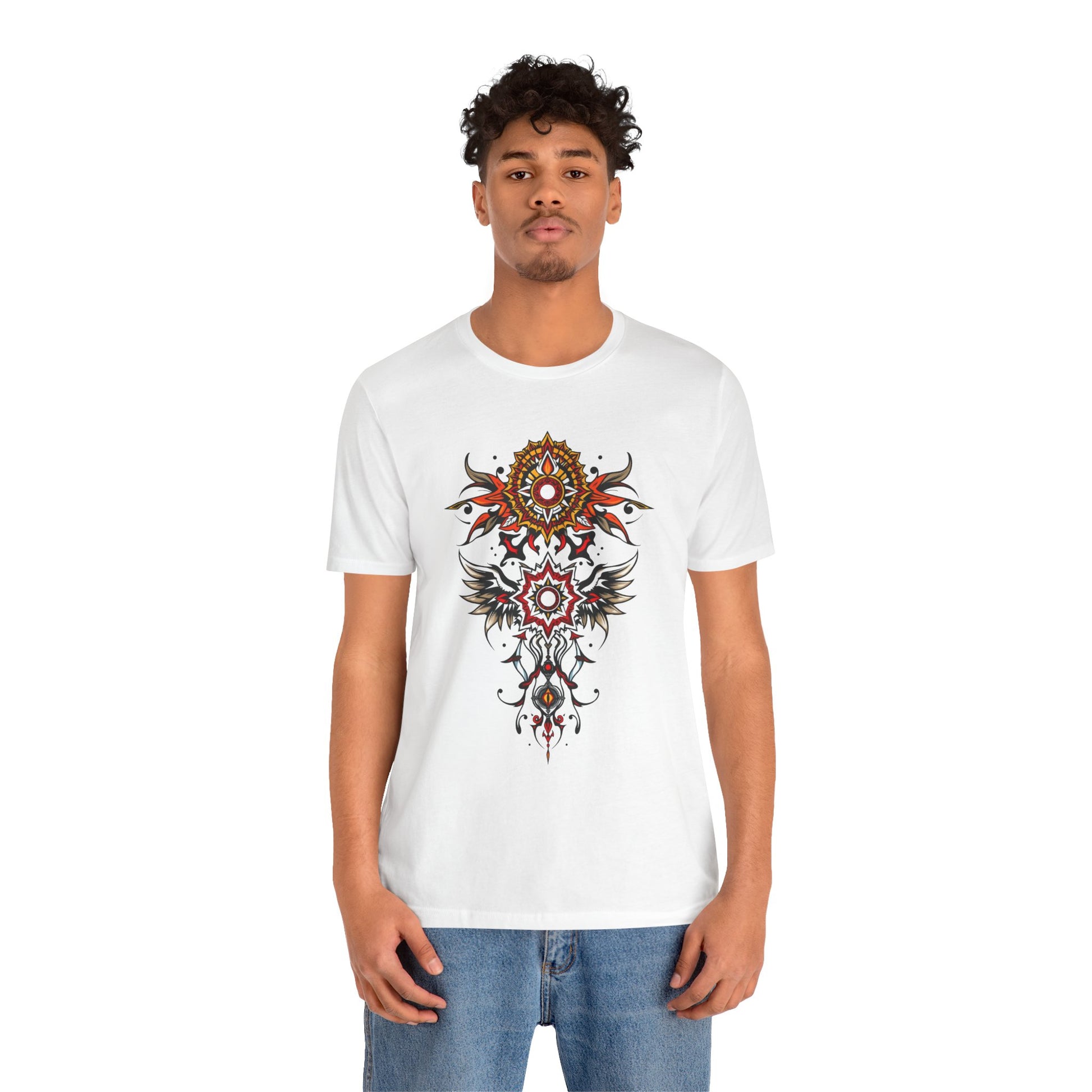 Turn heads in this tee, available in vibrant colors, showcasing a fiery red and gold tribal mandala for bold, artistic style