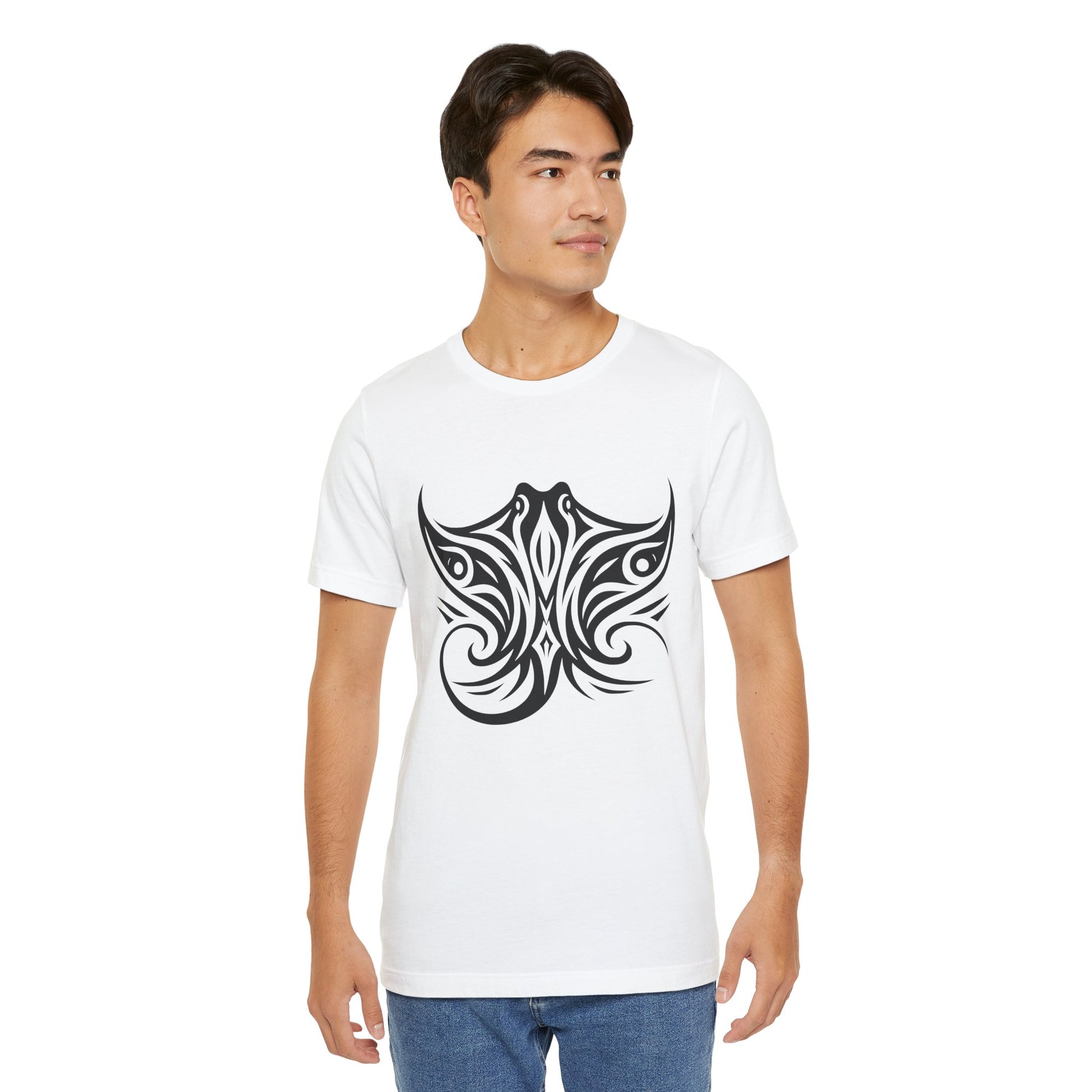 Tribal Manta Ray Tee – Bold Ocean Spirit Art on Sand-Colored Shirt