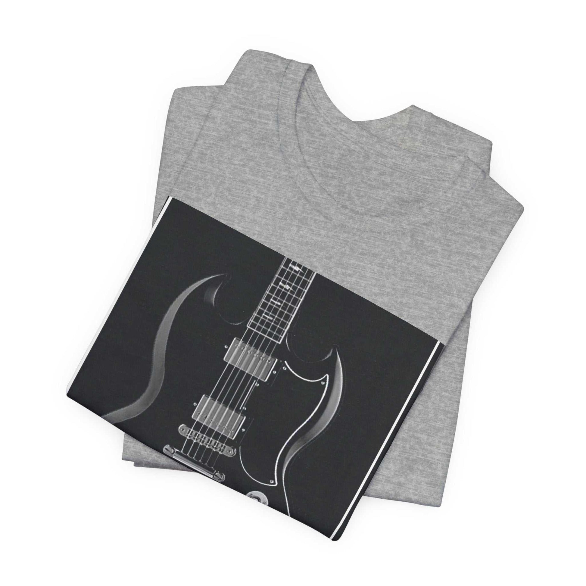 Folded gray t-shirt with black and white rock guitar graphic print on front