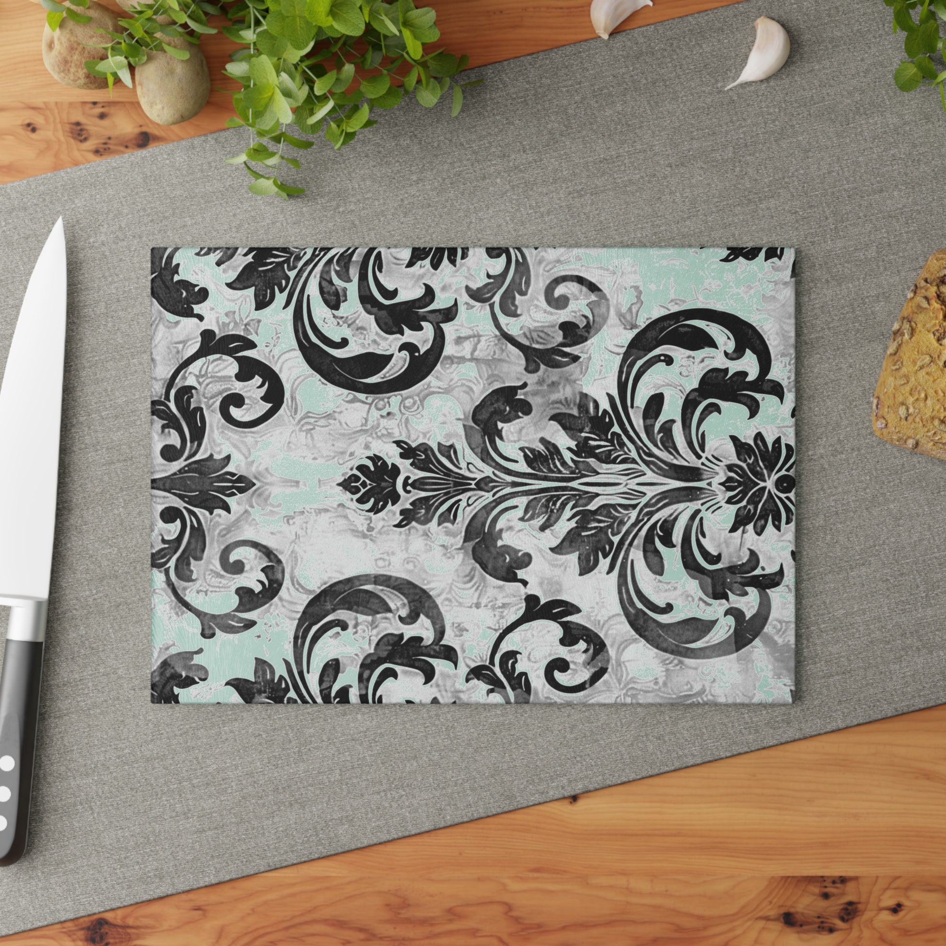 Mint and Gray Baroque Glass Cutting Board with Black Flourish Pattern