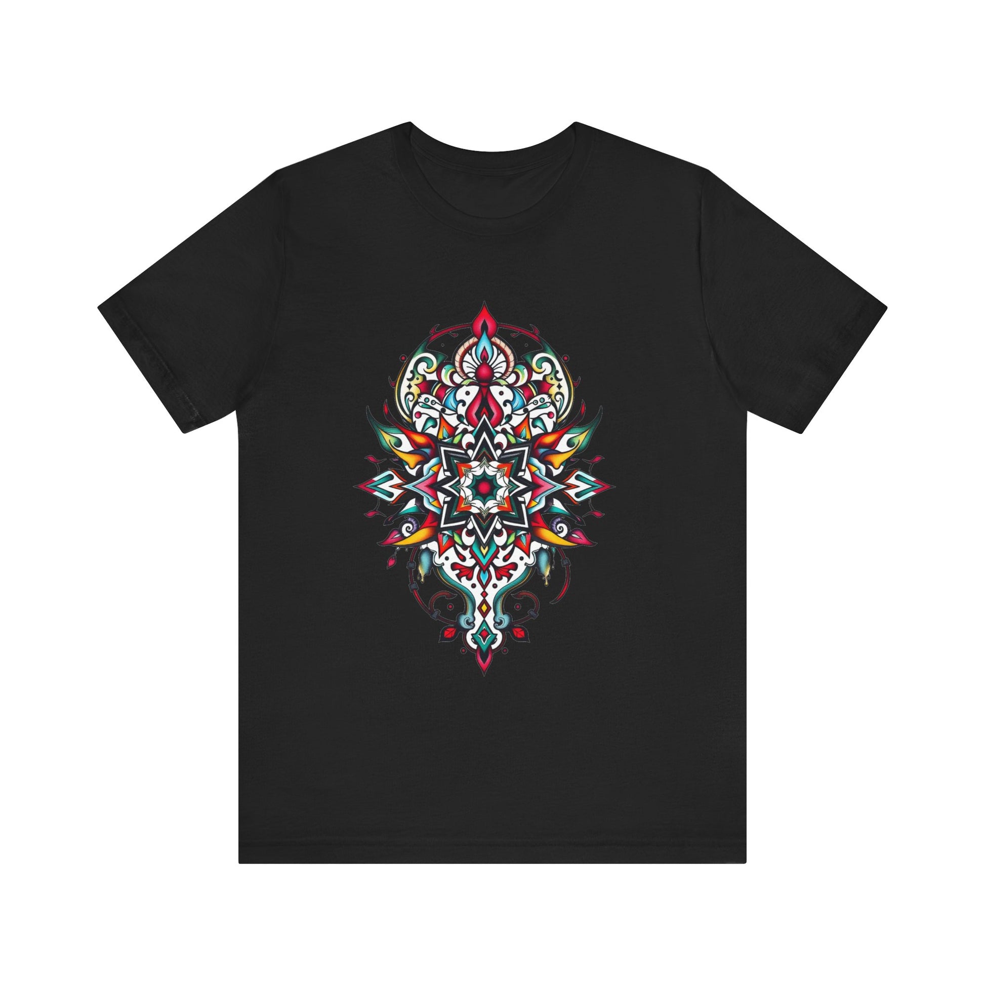 Bold tee featuring a vibrant, intricate mandala design, offered in multiple color options