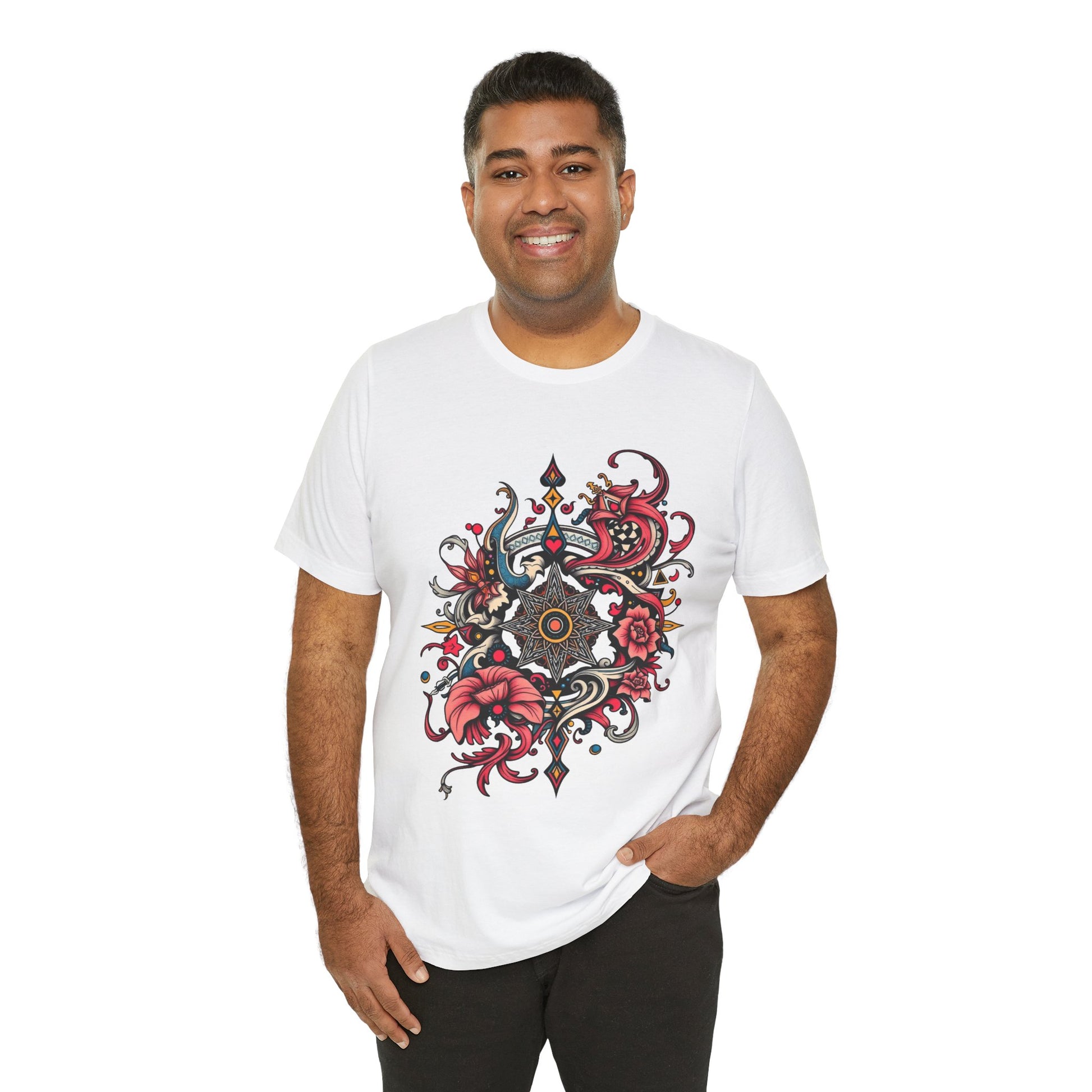 Vibrant tee with ornate red floral mandala design, offered in multiple bold color options