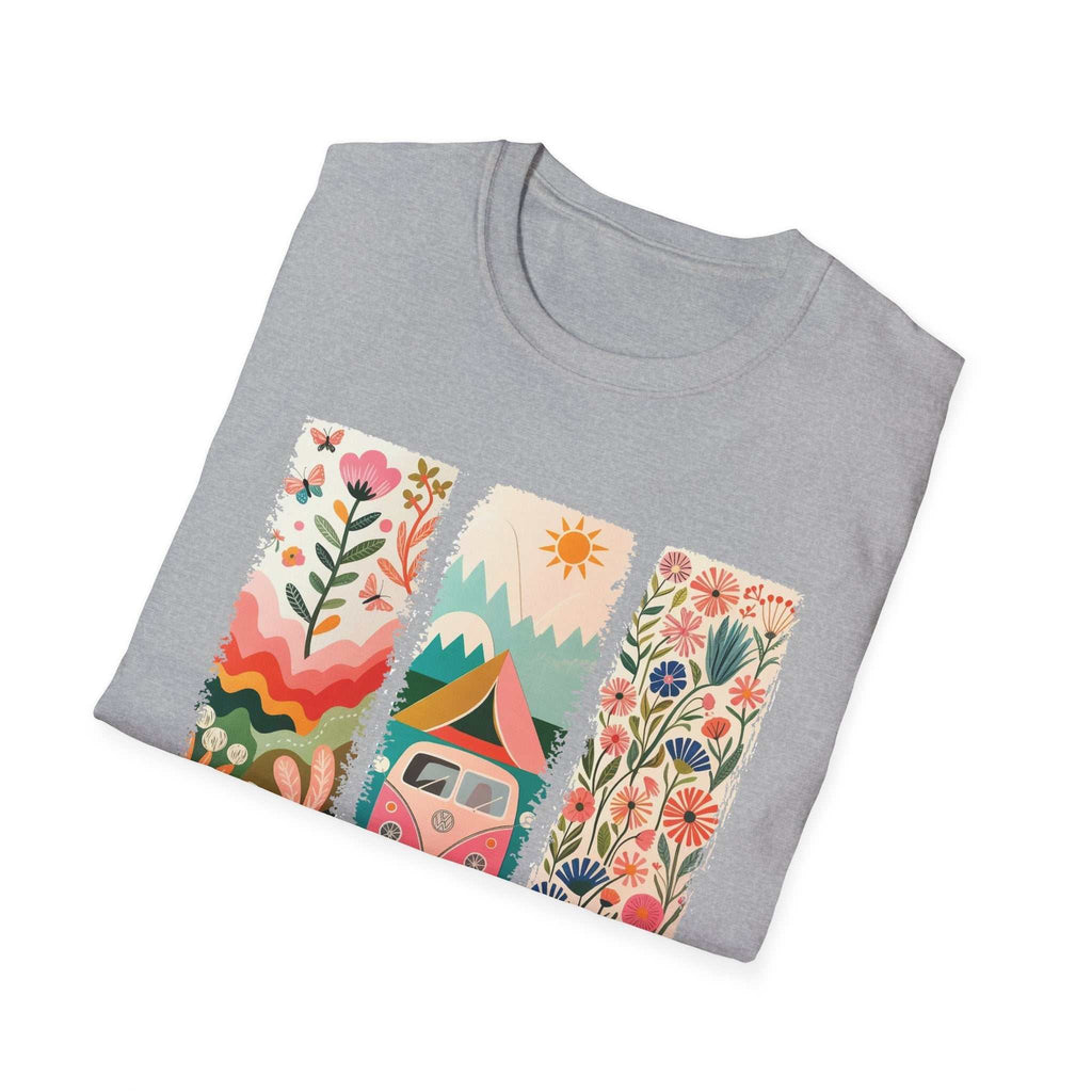 Gray unisex softstyle t-shirt with colorful camping adventure graphic featuring mountains, tent, camper van, and floral designs.
