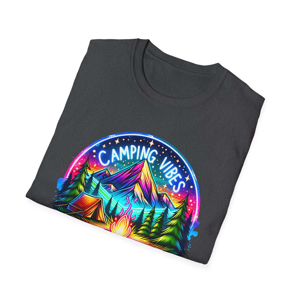 Folded black unisex softstyle t-shirt with colorful "Camping Vibes" mountain and campfire graphic design