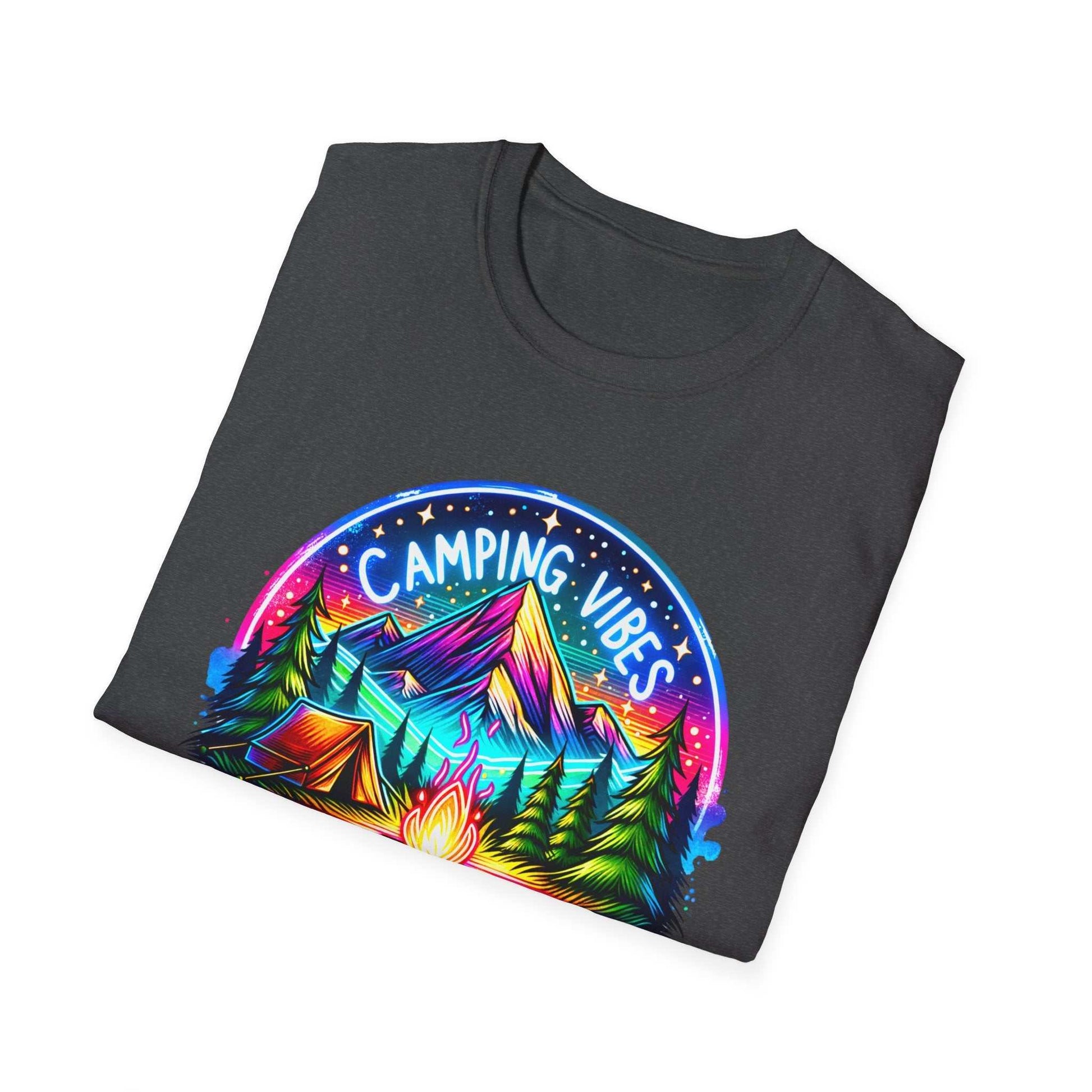 Folded black unisex softstyle t-shirt with colorful "Camping Vibes" mountain and campfire graphic design