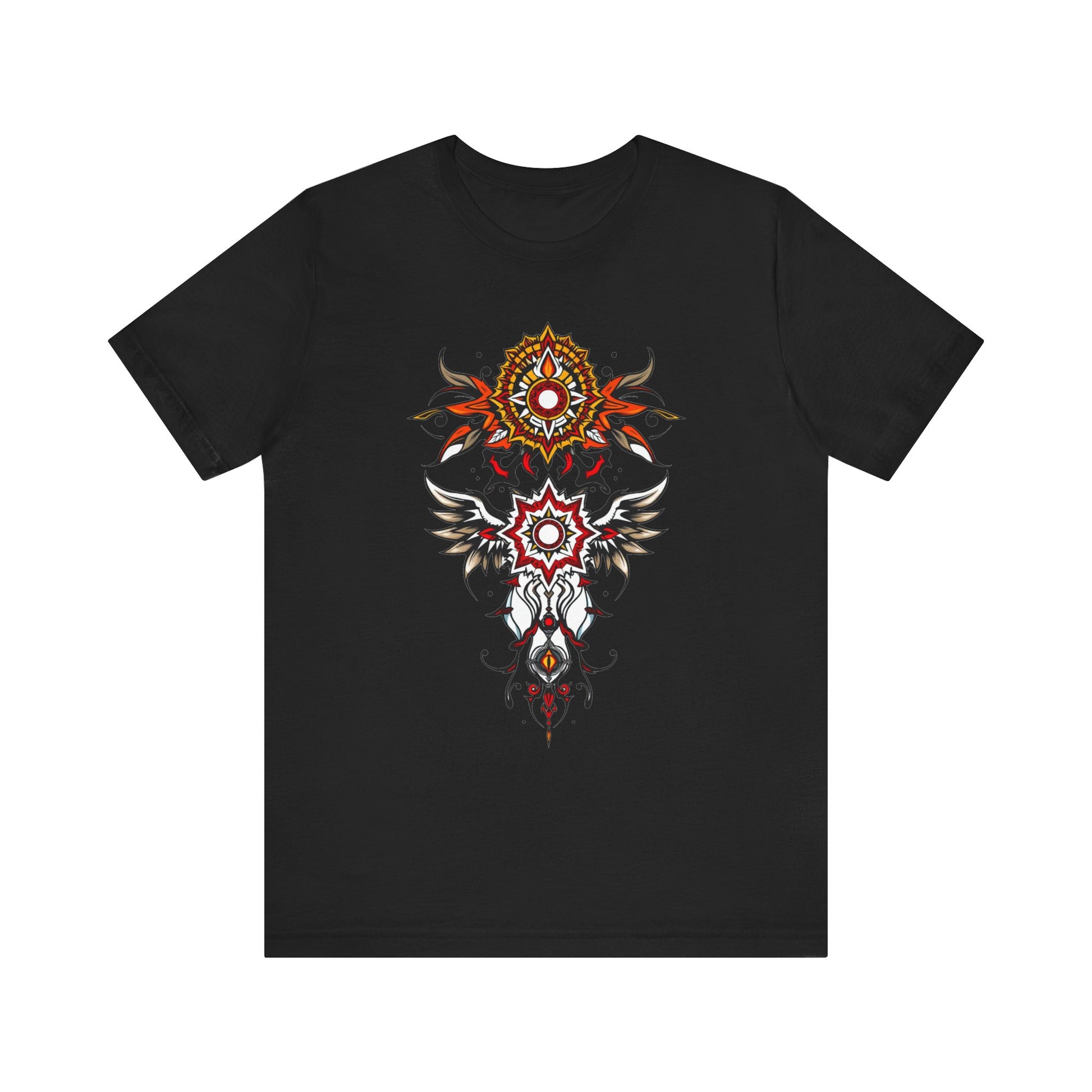 Turn heads in this tee, available in vibrant colors, showcasing a fiery red and gold tribal mandala for bold, artistic style