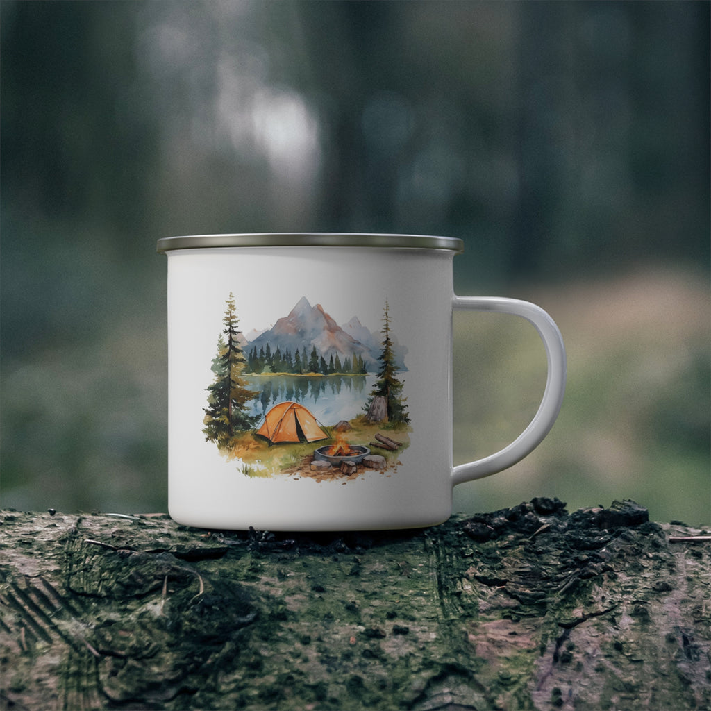 Mountain Lake Camping Enamel Mug with Orange Tent and Campfire