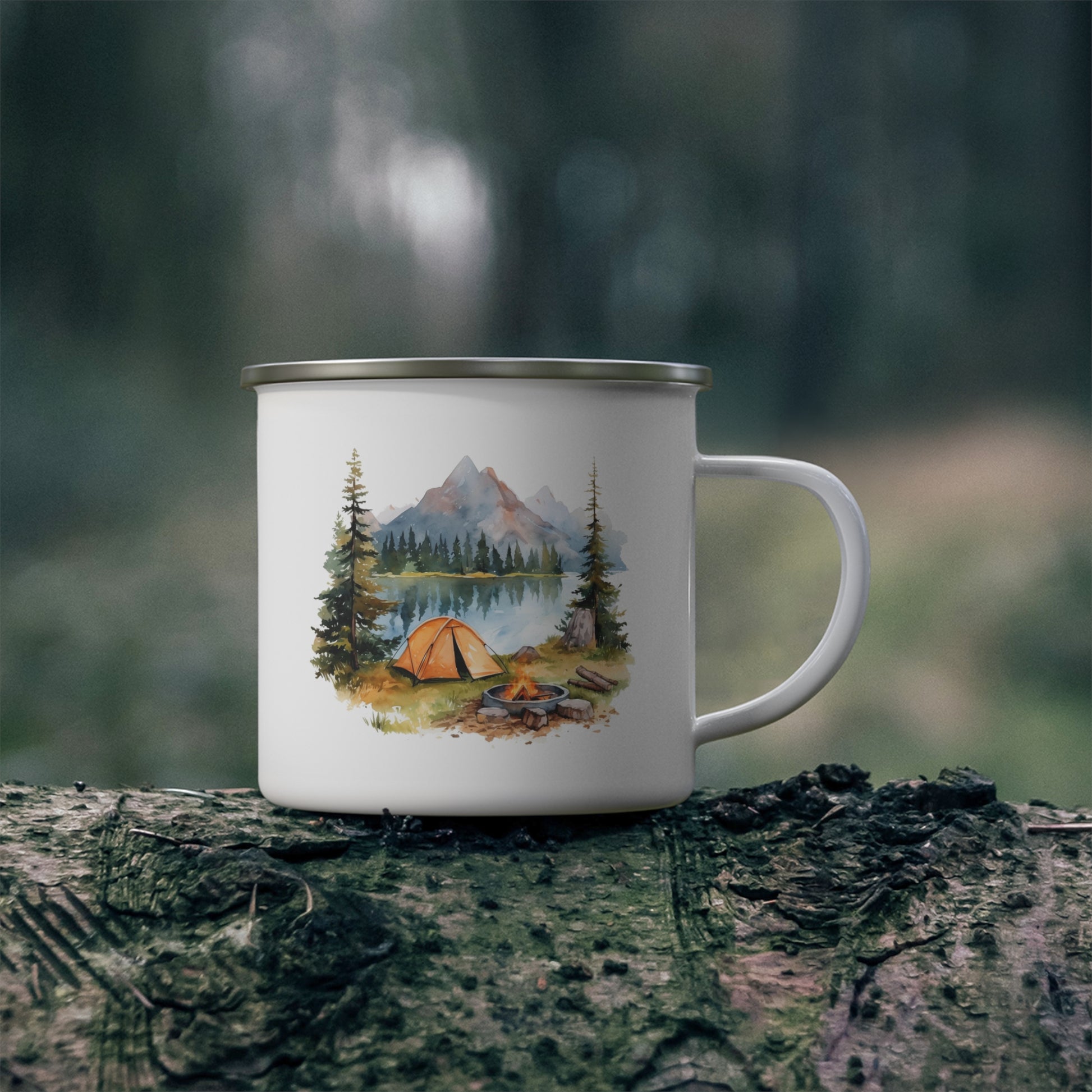 Mountain Lake Camping Enamel Mug with Orange Tent and Campfire