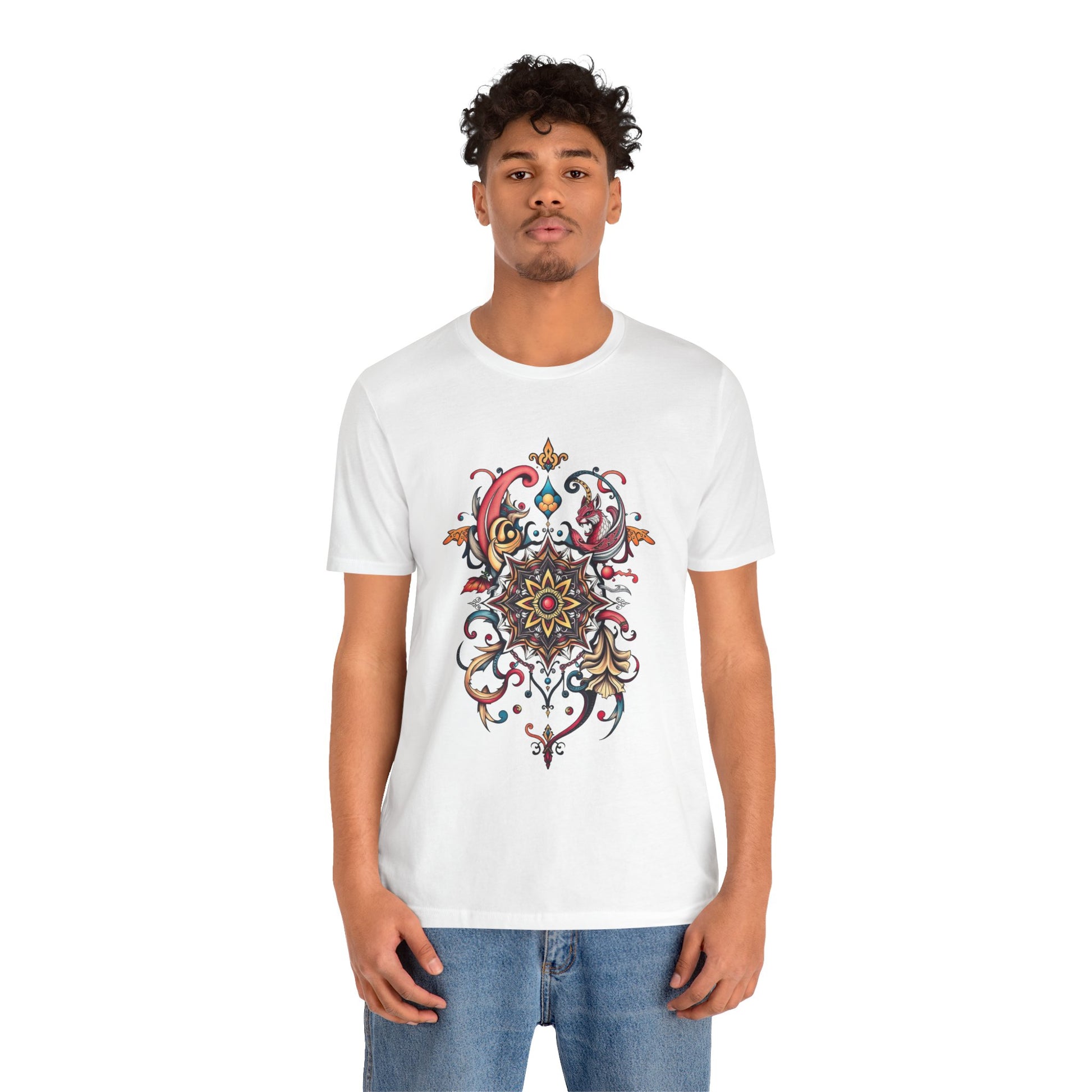 Vibrant tee with swirling mandala in reds, golds, and teal, available in many colors
