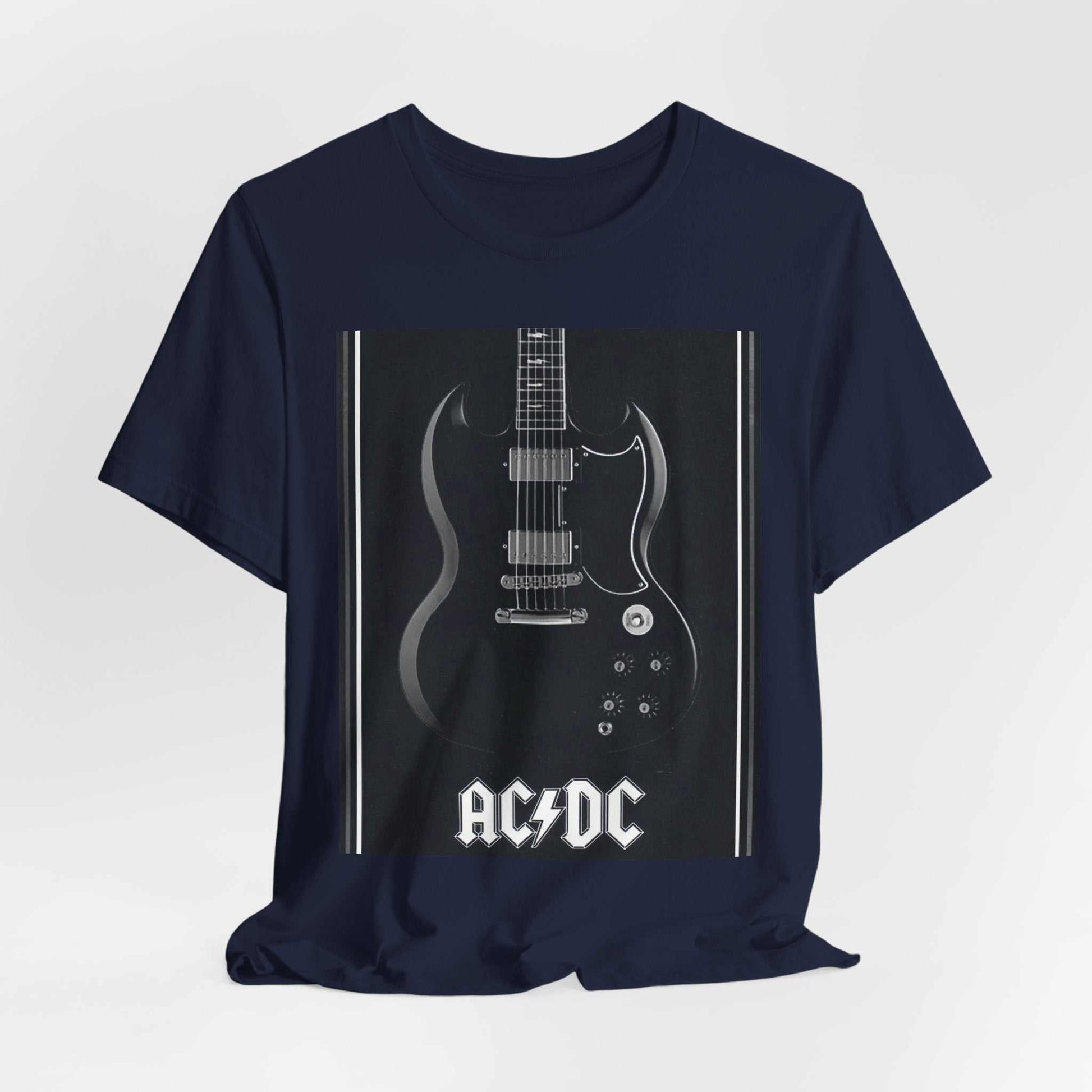 Navy blue unisex short sleeve tee with black electric guitar graphic and AC/DC logo on front