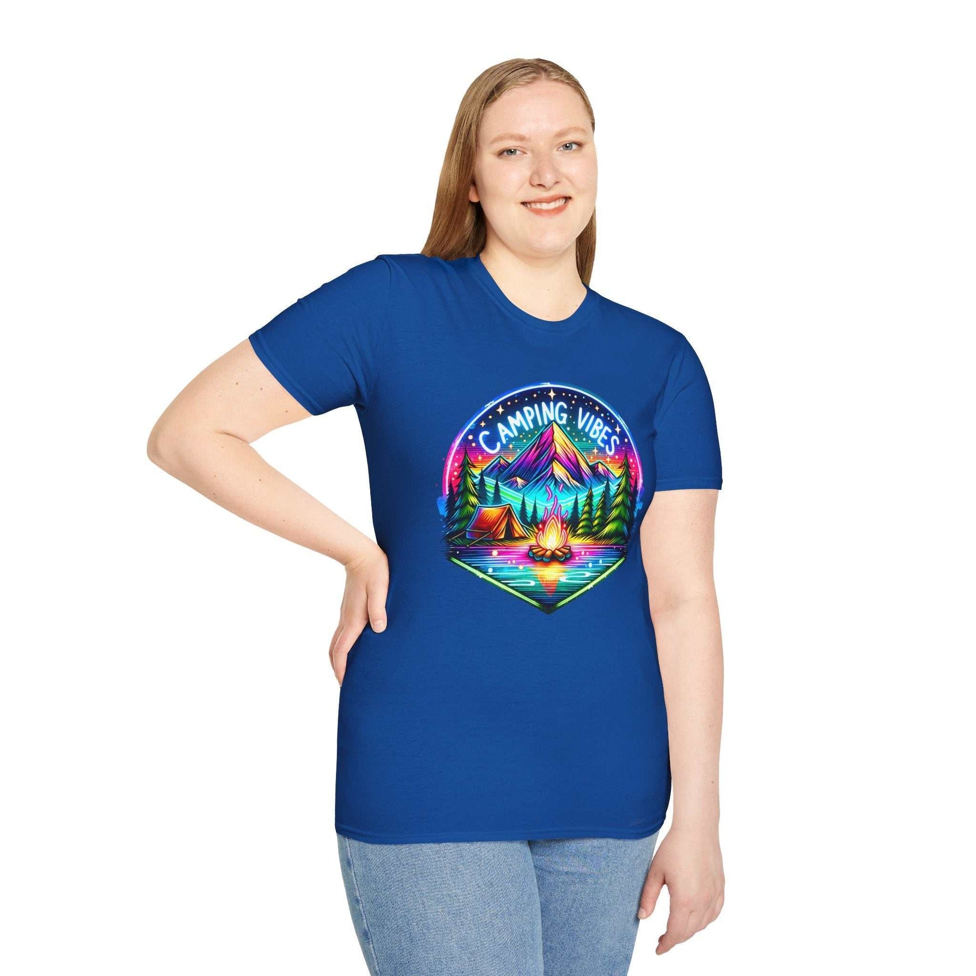 Woman wearing blue Camping Vibes Unisex softstyle t-shirt with colorful camping graphic