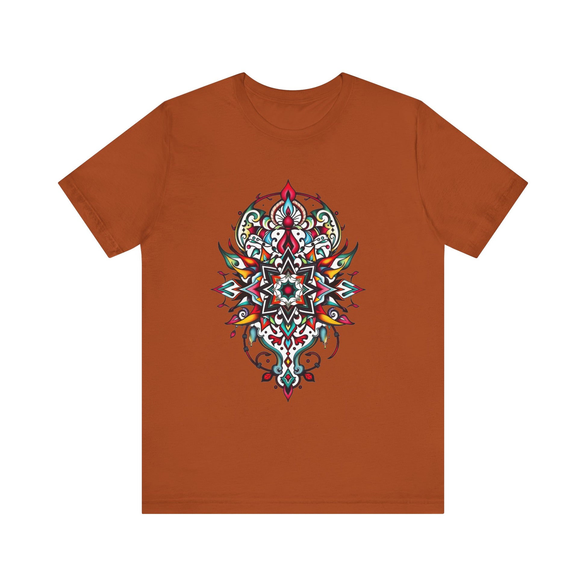 Bold tee featuring a vibrant, intricate mandala design, offered in multiple color options