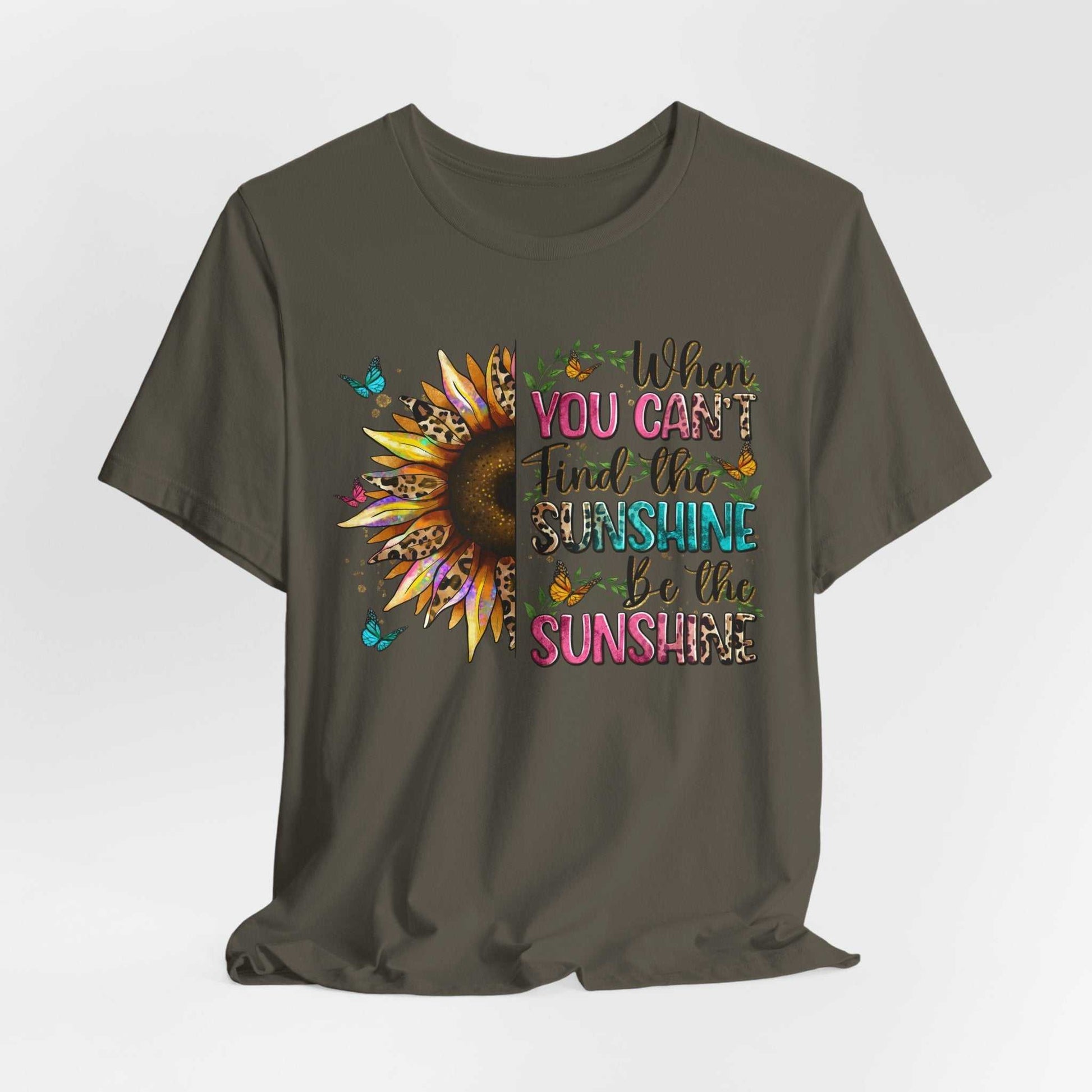 Dark green Sunshine Quote Tee with colorful sunflower and uplifting text design