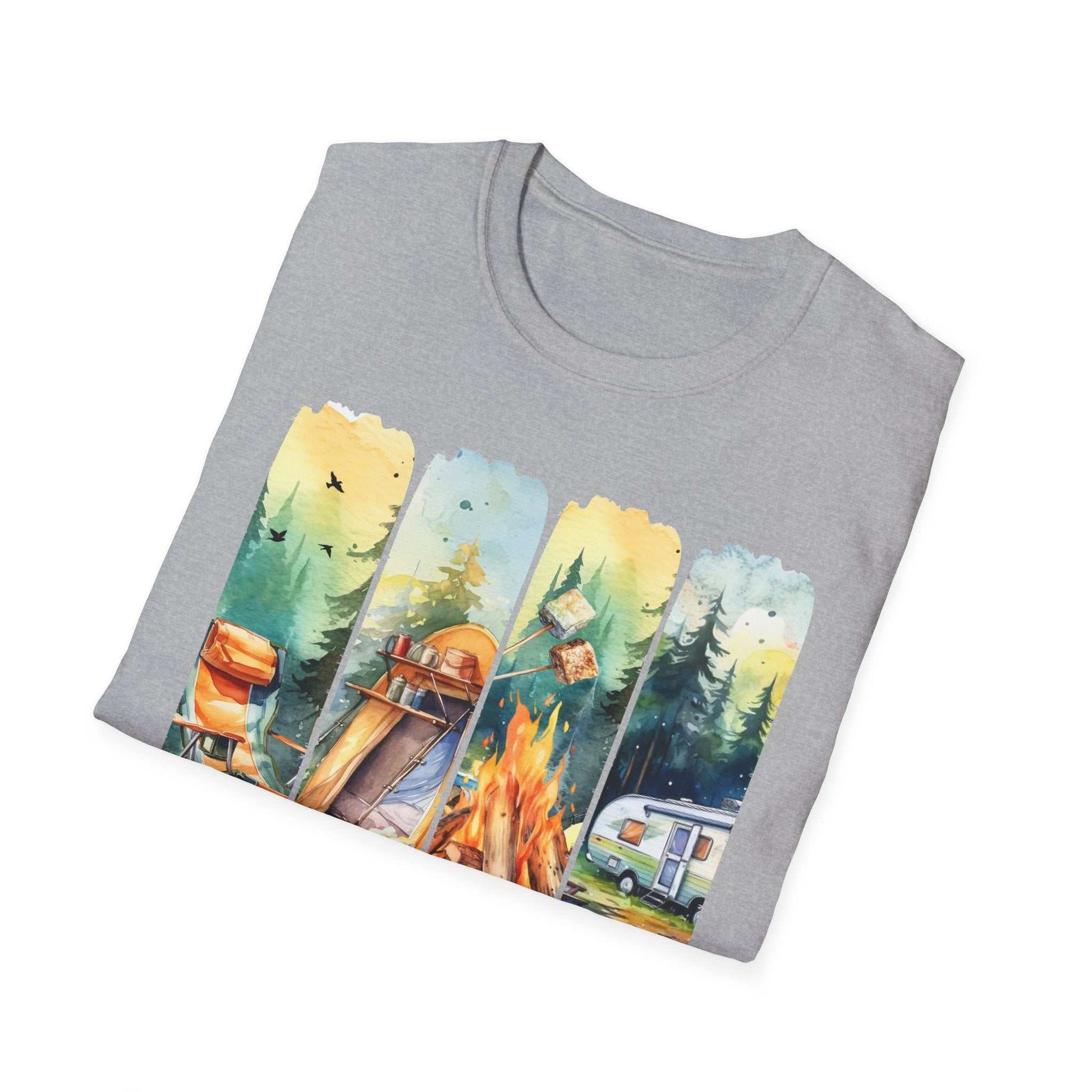 Gray unisex t-shirt with colorful camping adventure print featuring backpack, canoe, campfire, and camper van in forest setting