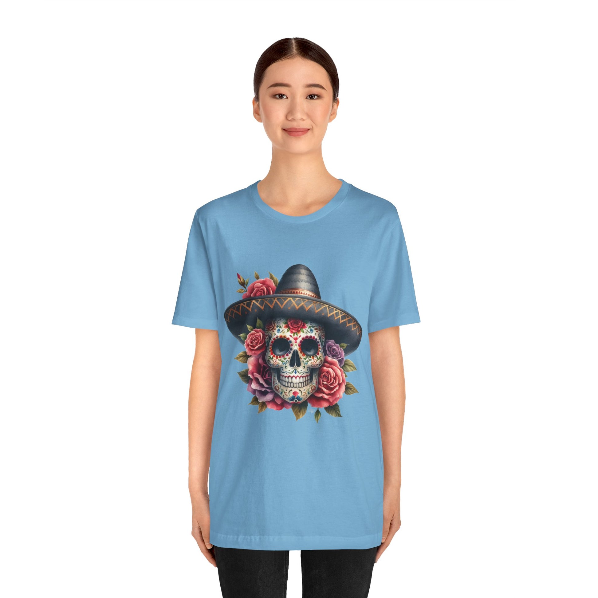 Colorful tee featuring a sugar skull in sombrero and roses for vibrant fiesta vibes