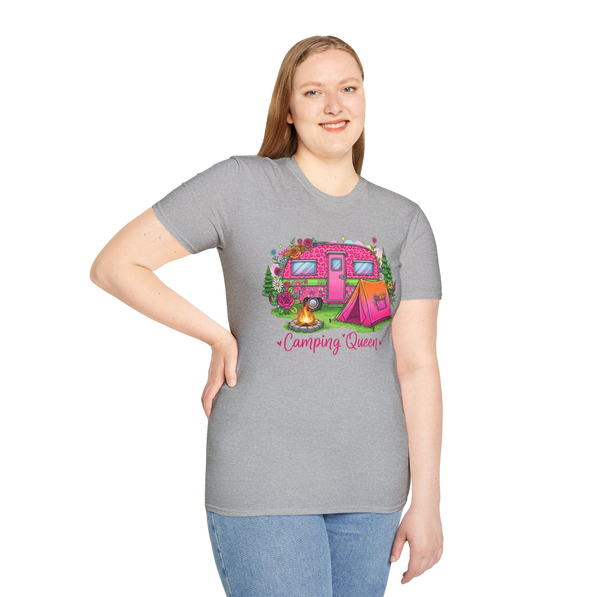 Woman wearing gray Camping Queen T-Shirt with pink camper and camping scene graphic