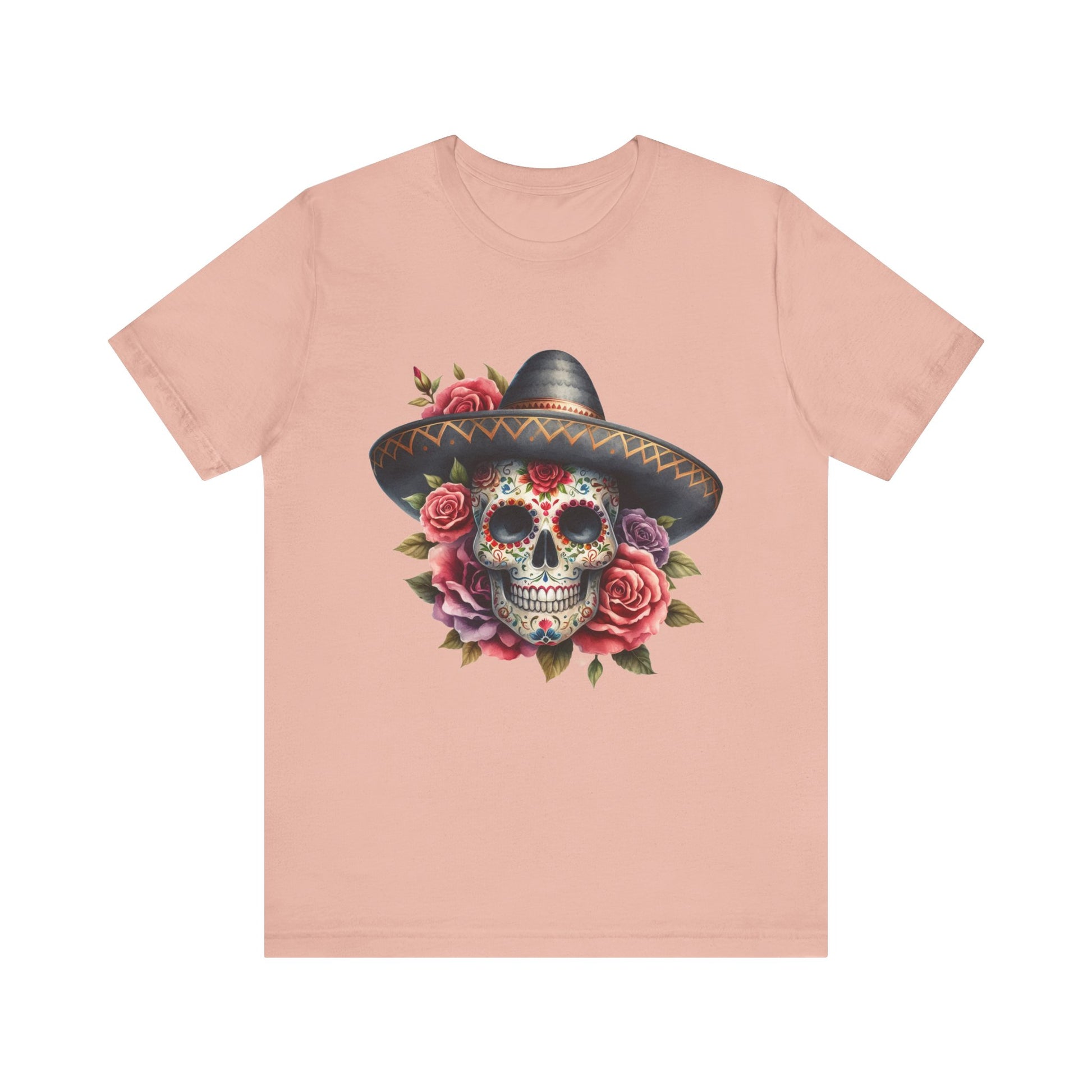 Colorful tee featuring a sugar skull in sombrero and roses for vibrant fiesta vibes