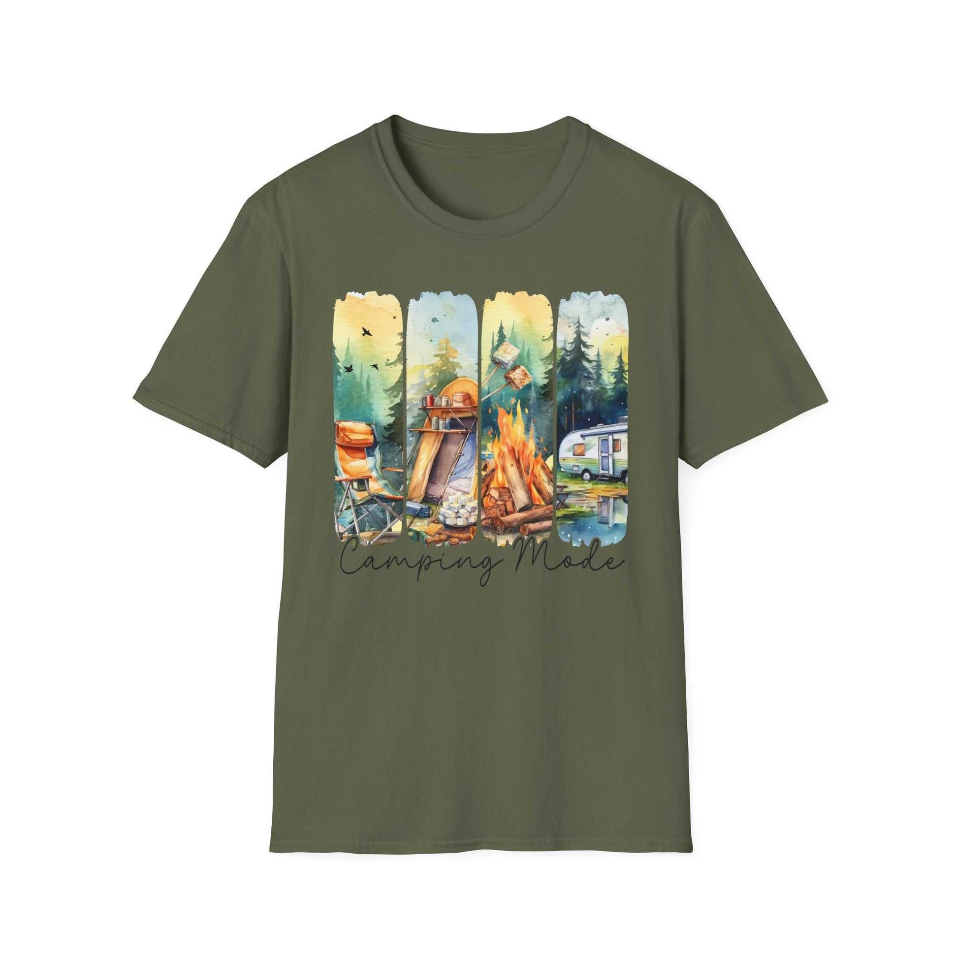 Unisex olive green Camping Adventure T-shirt with nature and campfire design