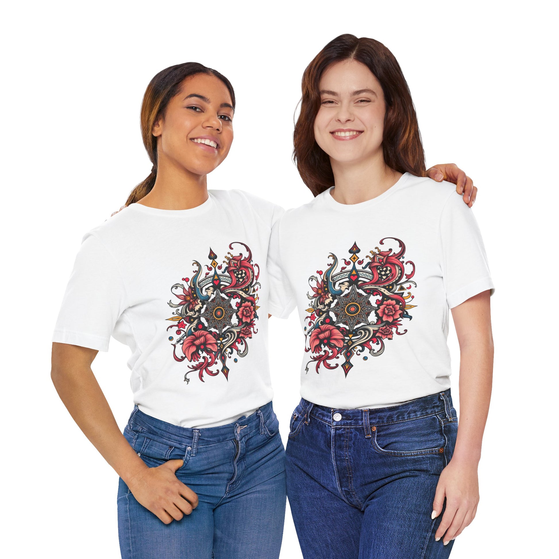 Vibrant tee with ornate red floral mandala design, offered in multiple bold color options