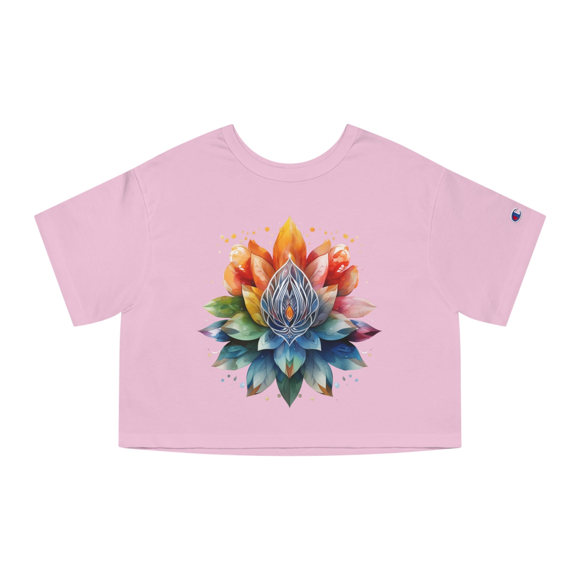 Cropped tee with a radiant rainbow lotus mandala, bursting in vivid, dreamy colors