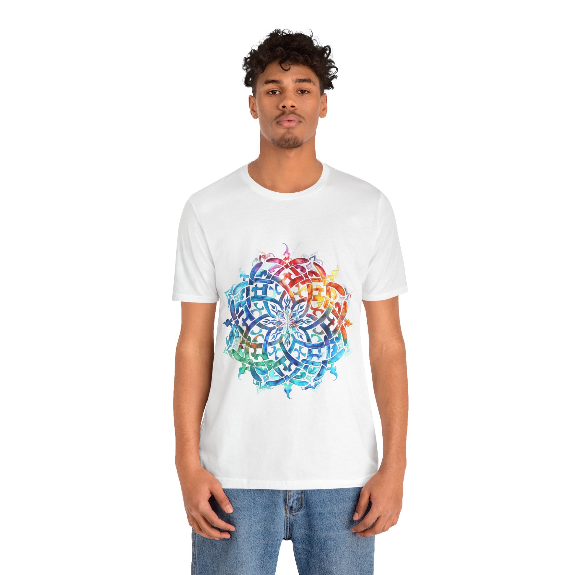 Artistic tee with a radiant rainbow mandala design, available in vibrant color options