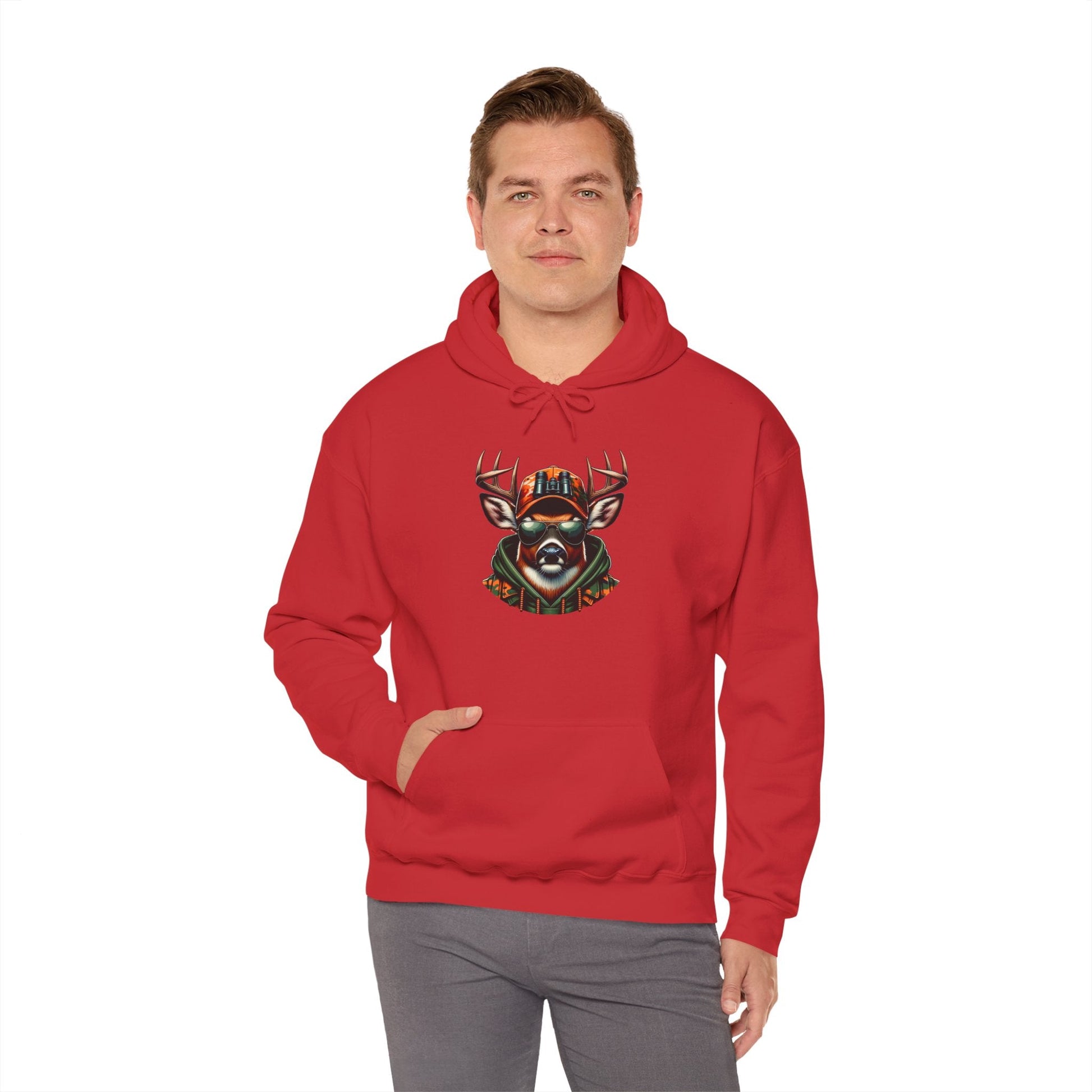 Man wearing red hooded sweatshirt with bold deer graphic design and kangaroo pocket