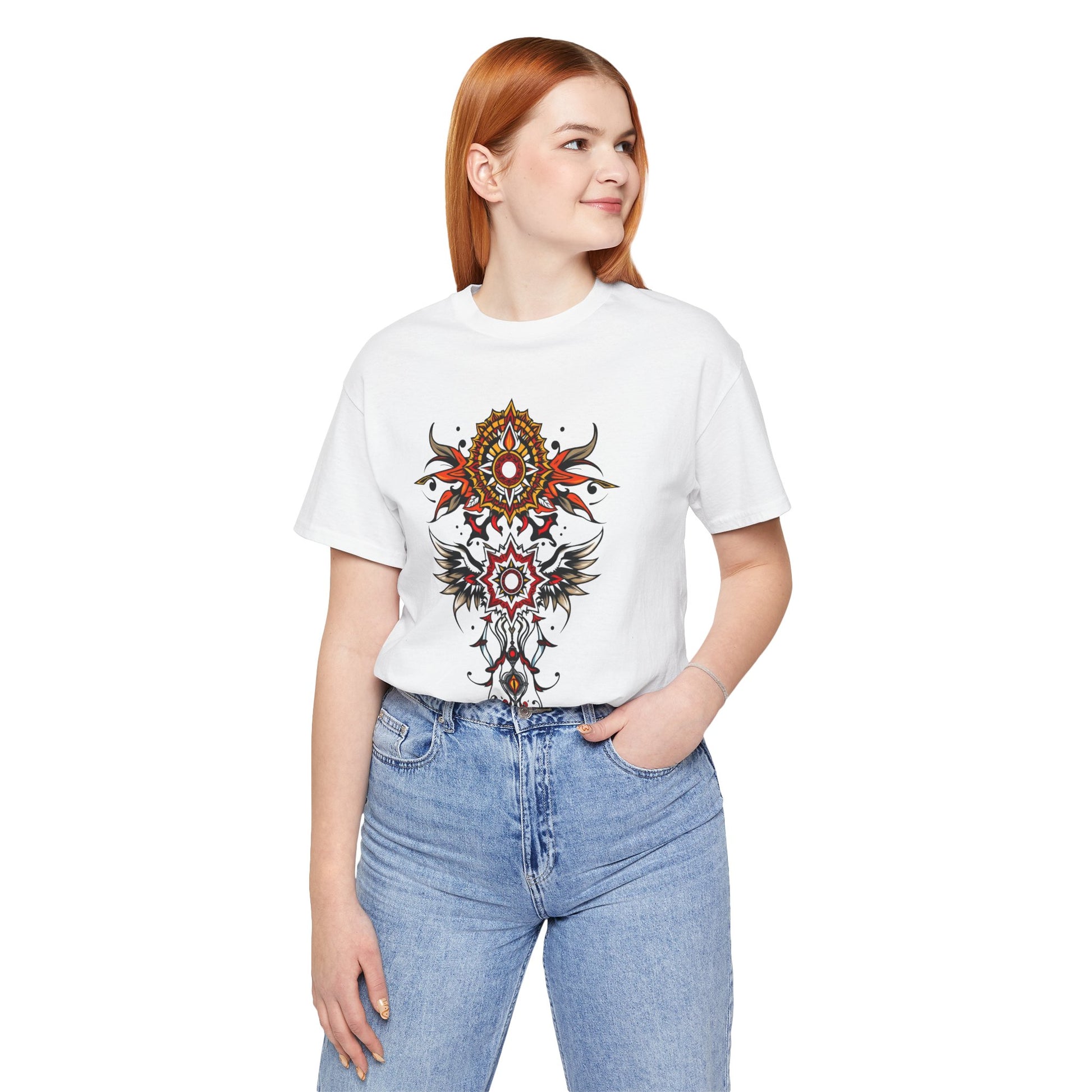 Turn heads in this tee, available in vibrant colors, showcasing a fiery red and gold tribal mandala for bold, artistic style