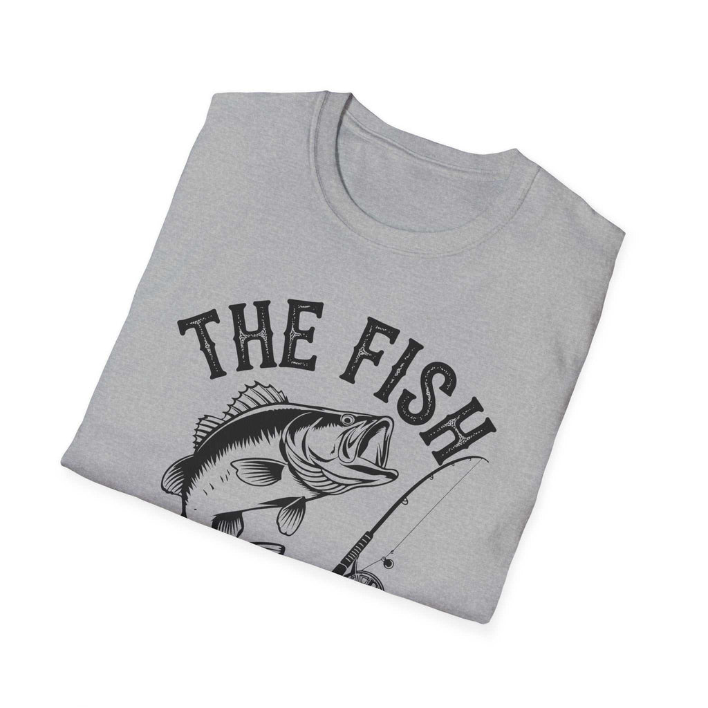 Folded grey unisex t-shirt with black "The Fish Whisperer" fishing graphic design