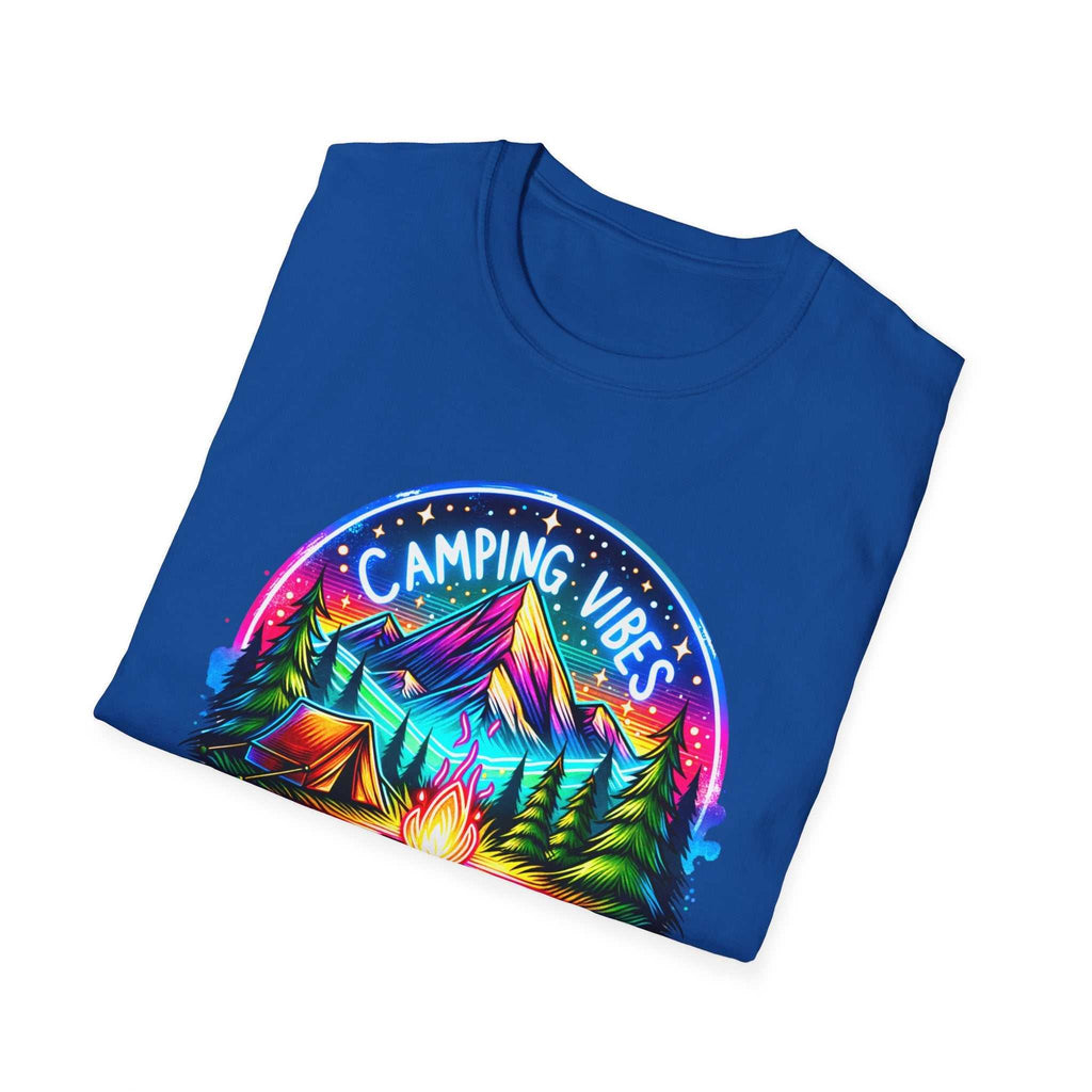 Blue unisex softstyle T-shirt with colorful Camping Vibes mountain and campfire design