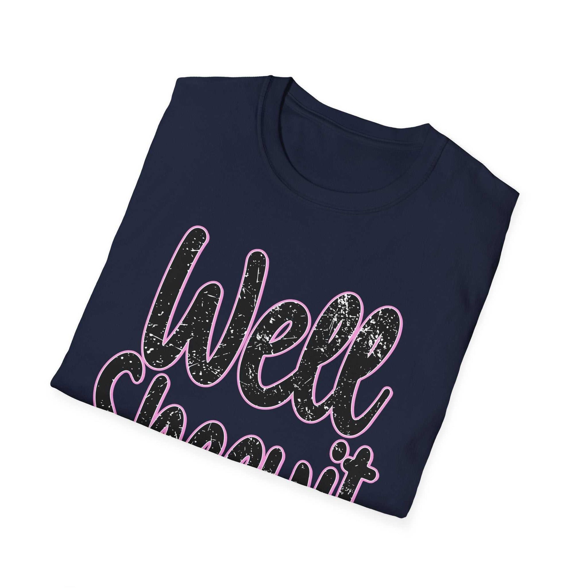 Navy casual statement tee with funny "Well Sheeyit" quote, soft unisex cotton shirt for everyday wear and gifts