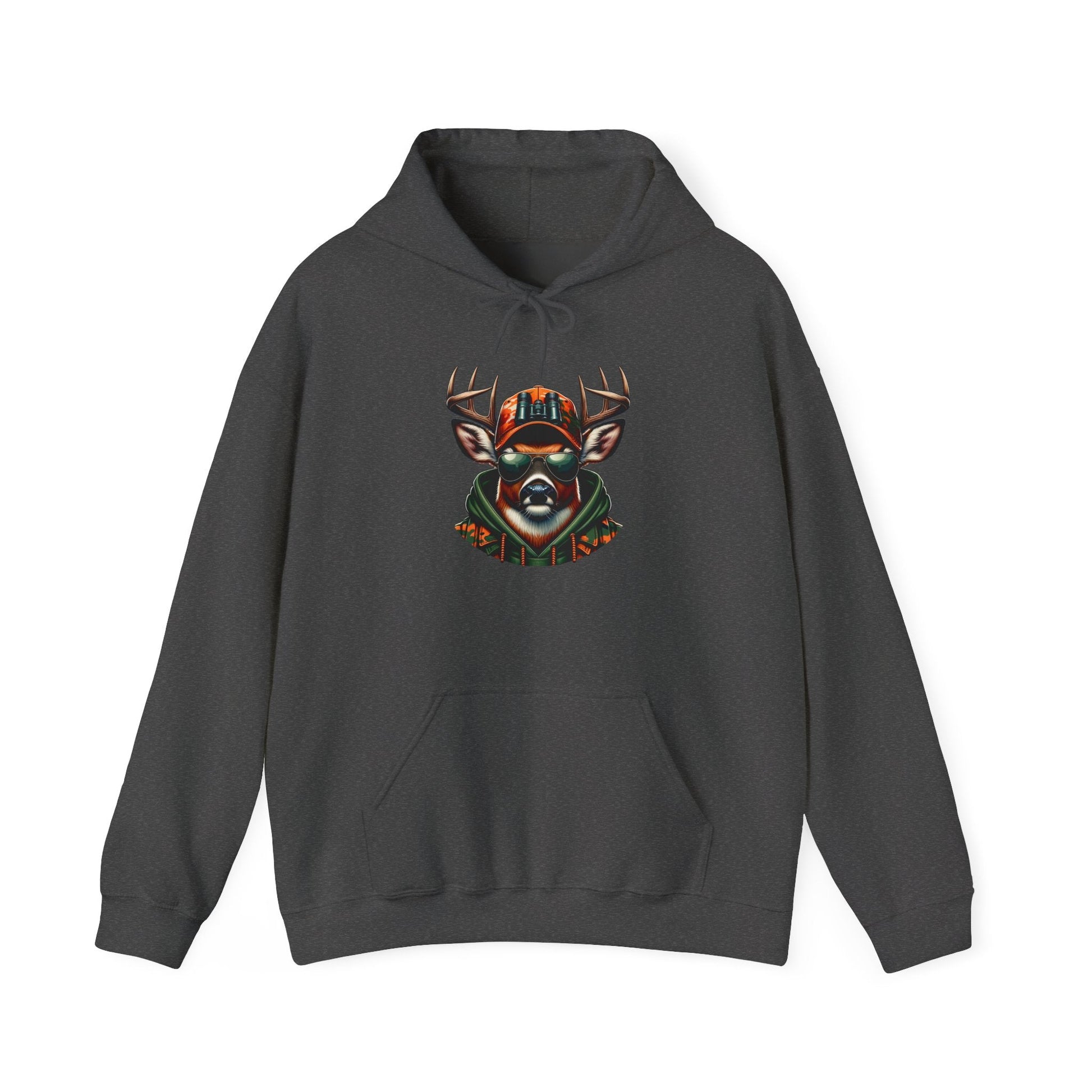 Black hooded sweatshirt with bold colorful deer head design and kangaroo pocket