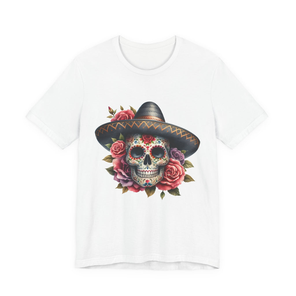Colorful tee featuring a sugar skull in sombrero and roses for vibrant fiesta vibes