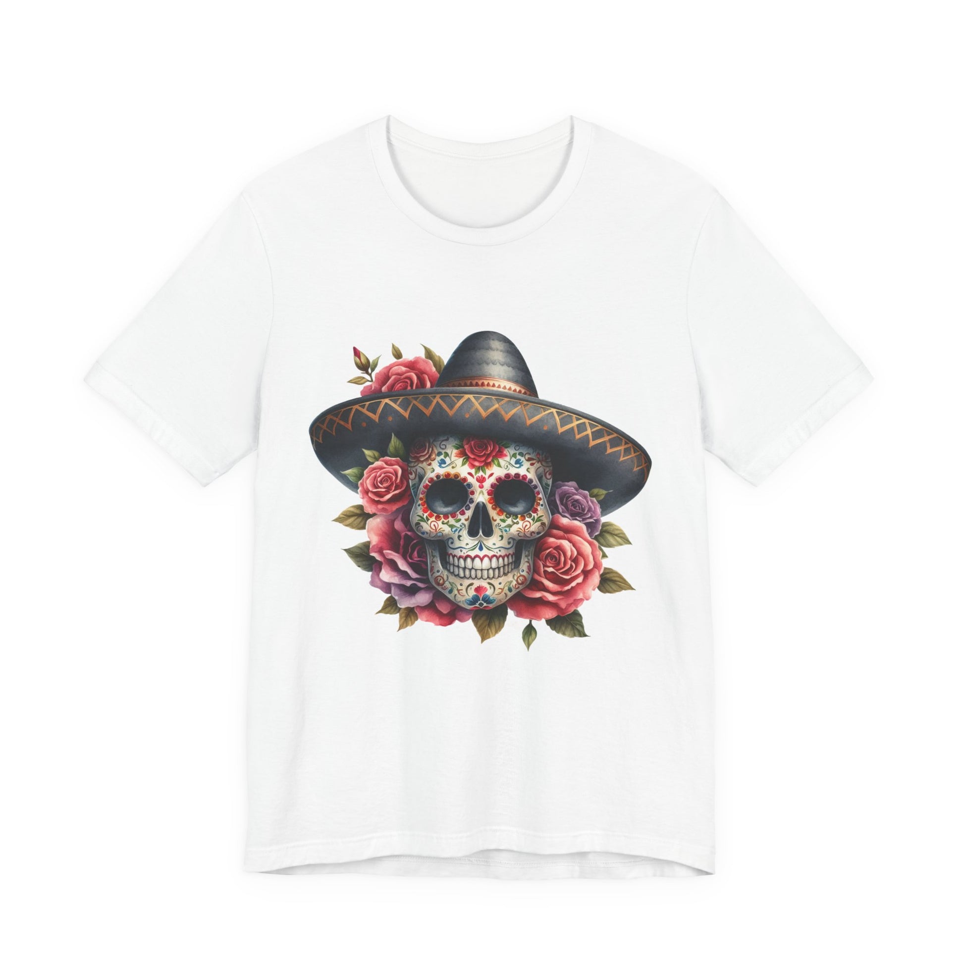 Colorful tee featuring a sugar skull in sombrero and roses for vibrant fiesta vibes