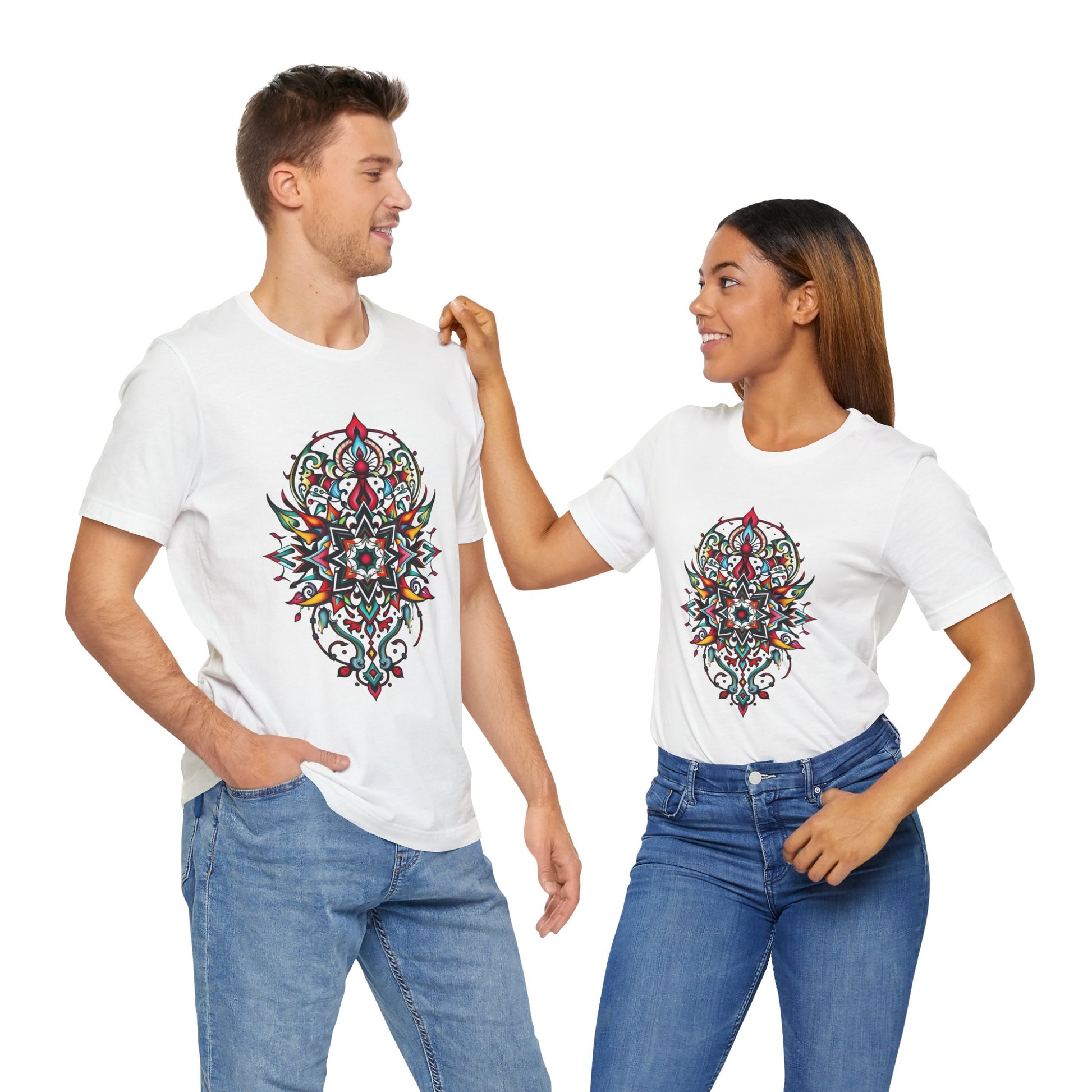 Bold tee featuring a vibrant, intricate mandala design, offered in multiple color options