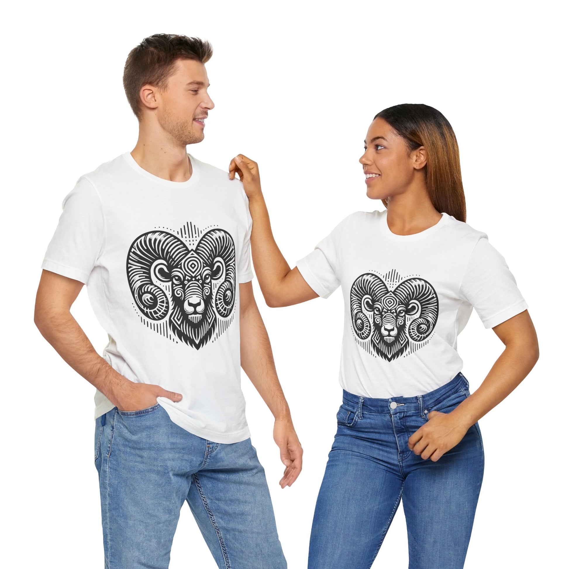 Striking tee with an intricate black tribal ram design, offered in vibrant color options