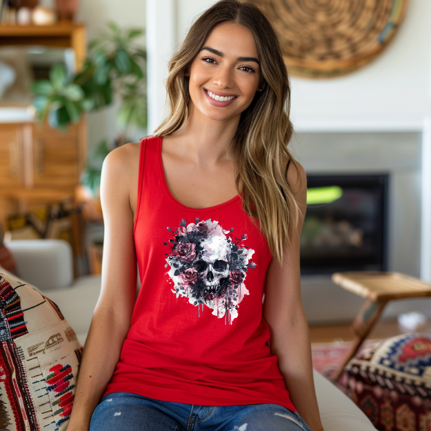 Racerback Tank Skull and Red Roses