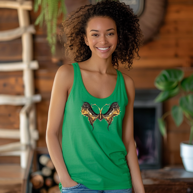 Racerback tank with an elegant black and gold butterfly for chic, artistic flair