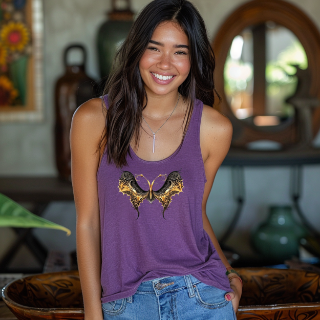 Racerback tank with an elegant black and gold butterfly for chic, artistic flair
